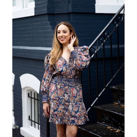 Anthropologie Love The Label V-Neck Floral Mini Dress Smocked Ruffle XS 260323 - Picture 1 of 6